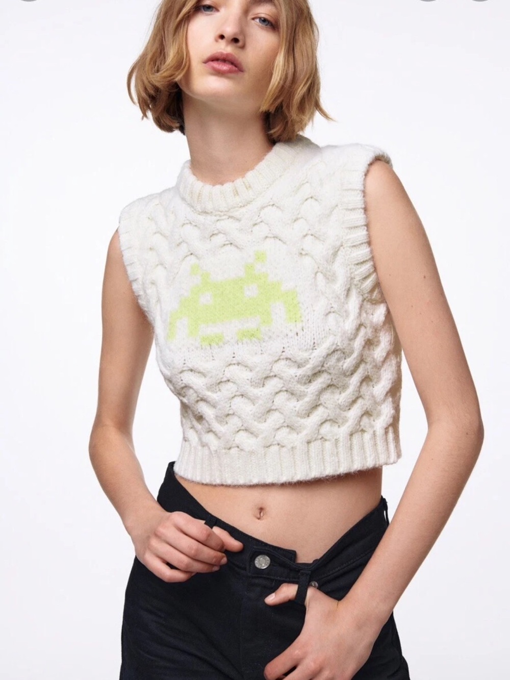 ZARA Women Jacquard Space Invaders Taito Sweater Knit Short Vest SZ S